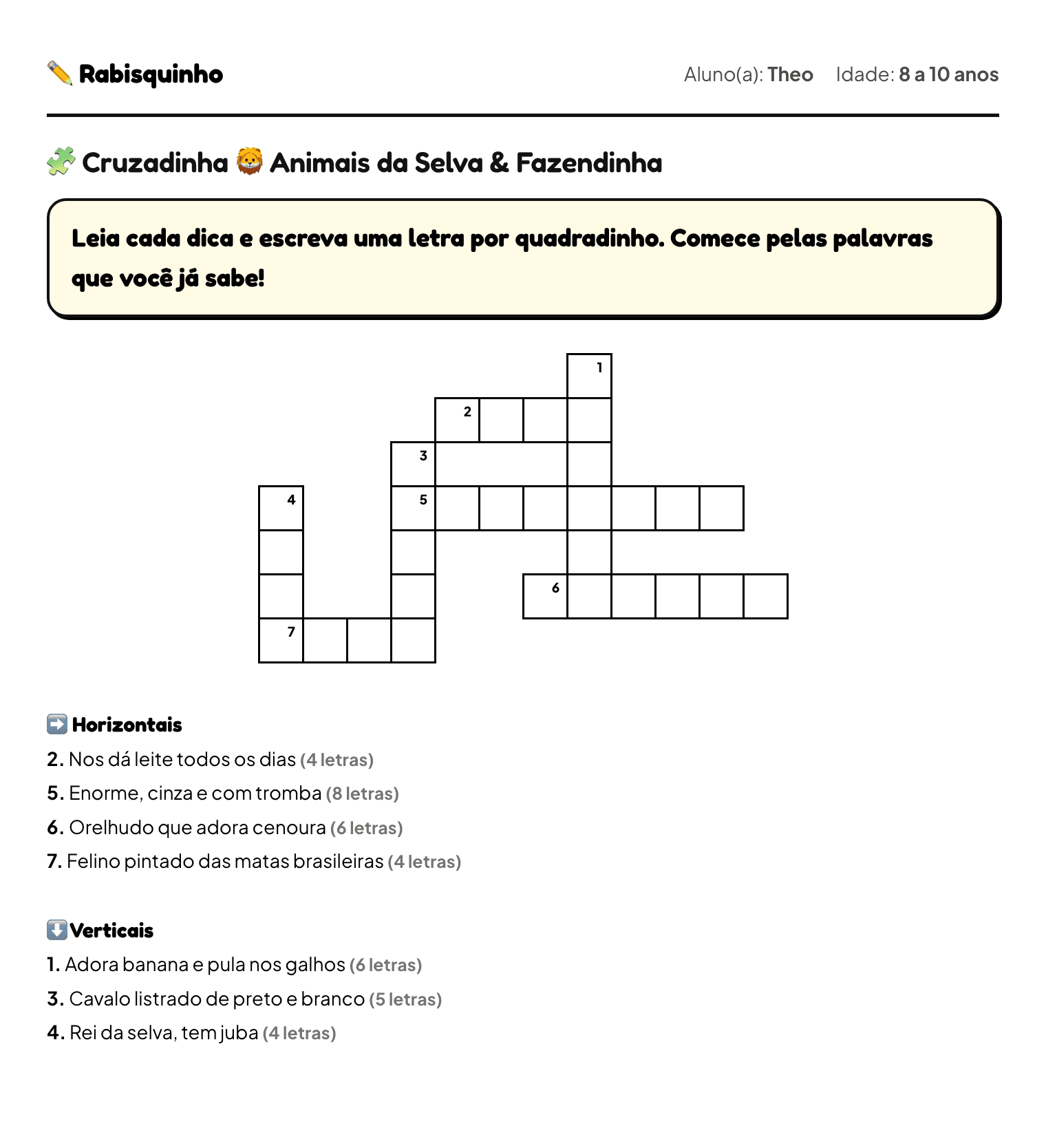 Folha de atividade: Cruzadinha com dicas