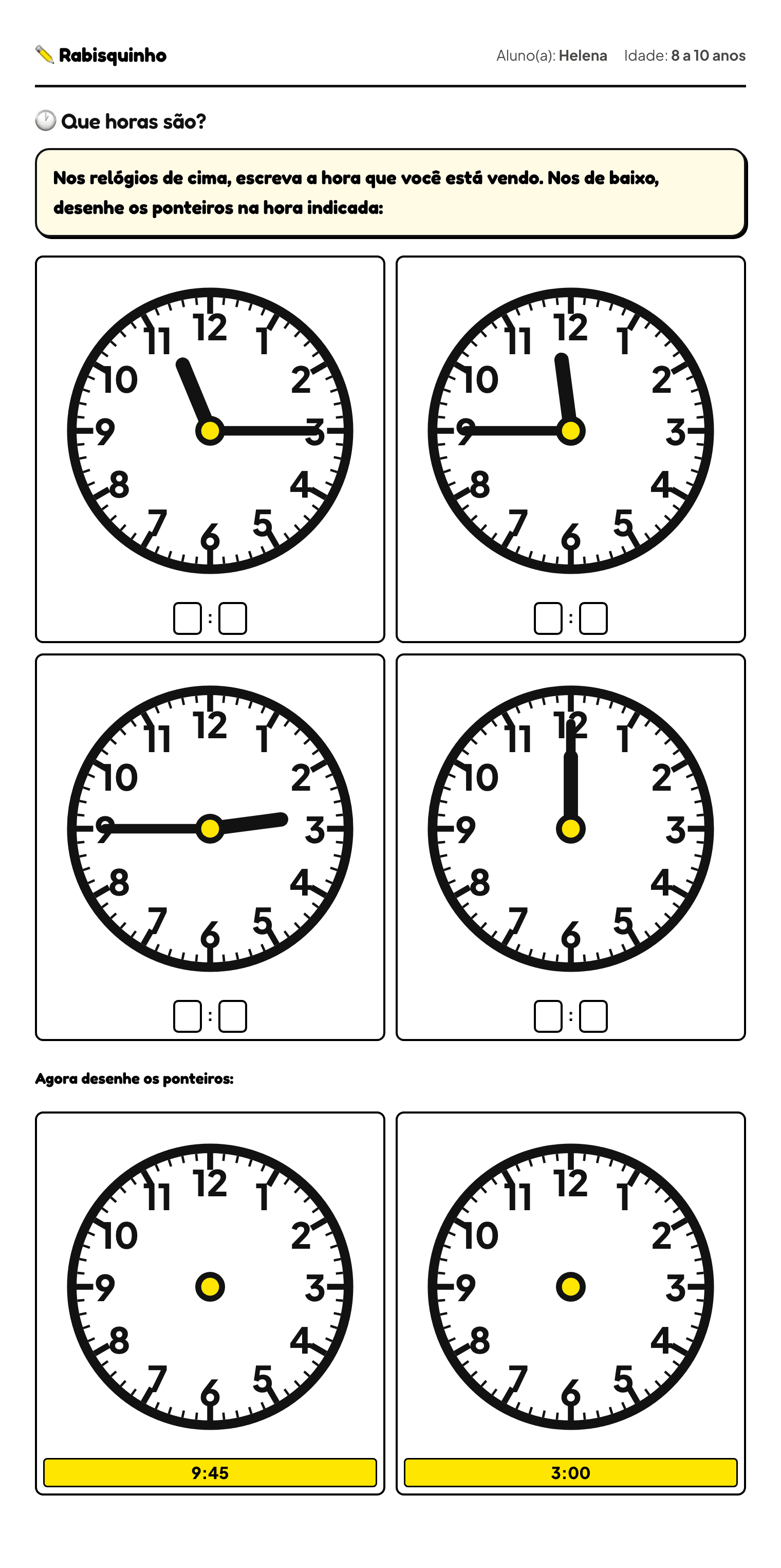 Folha de atividade: Que horas são?