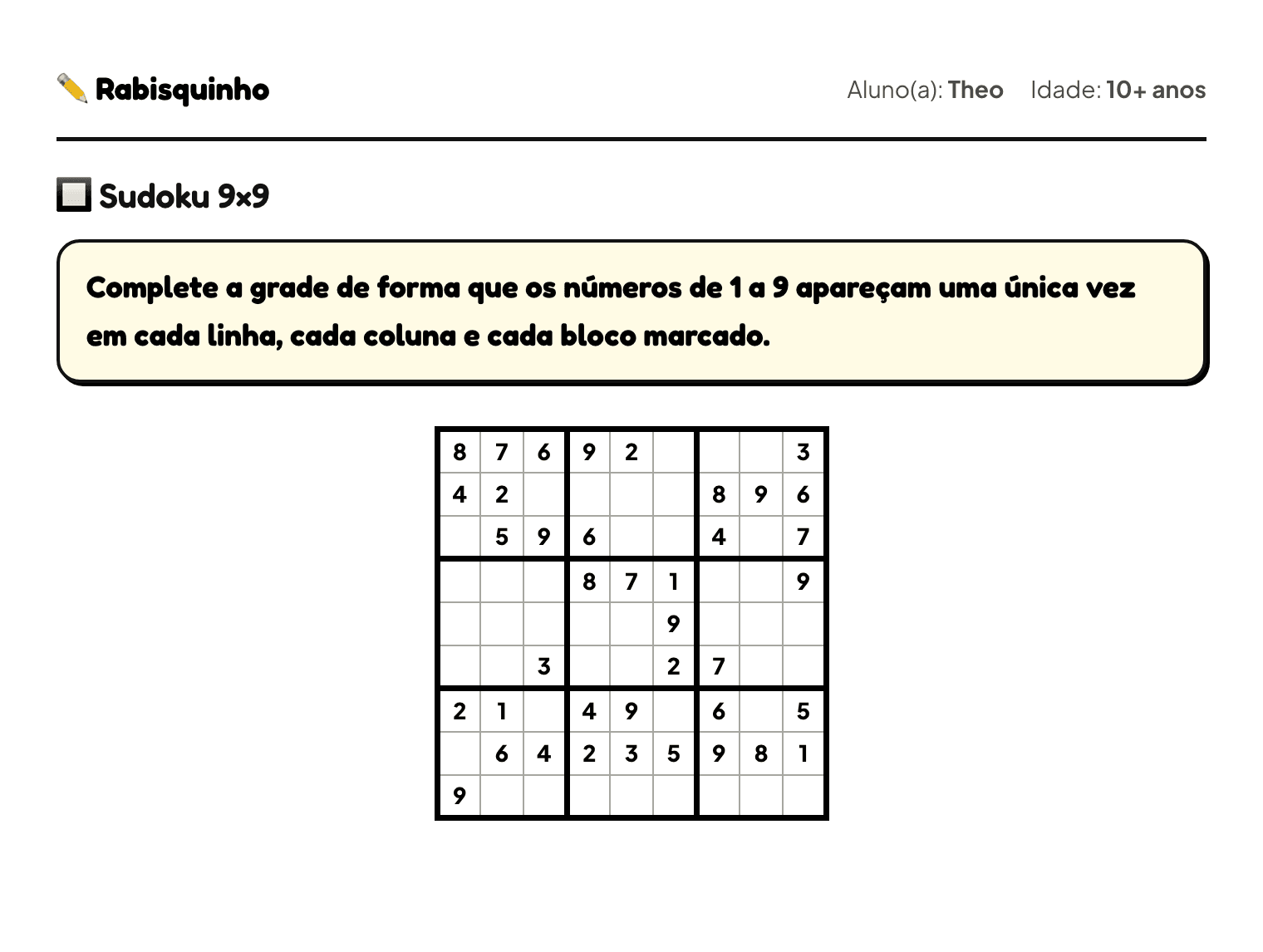 Folha de atividade: Sudoku 4×4 a 9×9